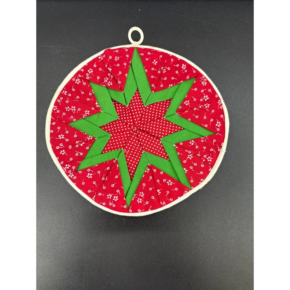 Vintage Handmade Quilted Folded Star Pot Holder Red Green Floral Grannycore 8"